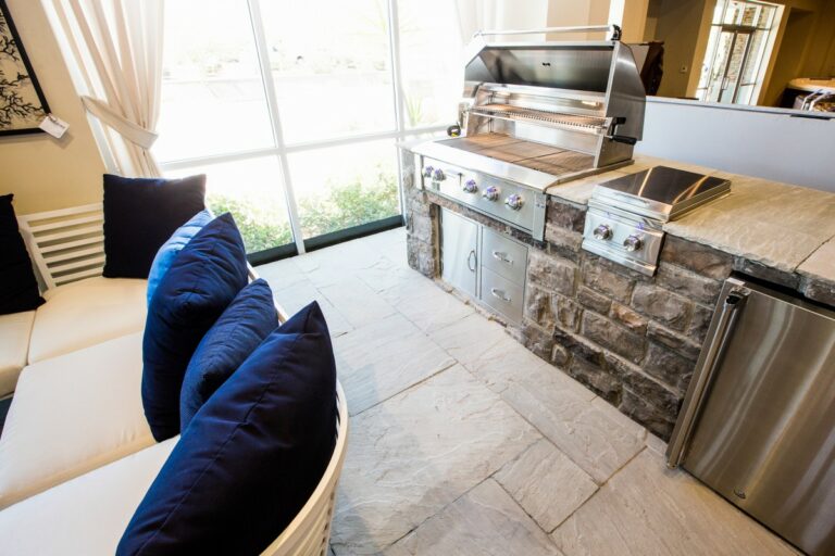 Backyard setup with kitchen and furniture