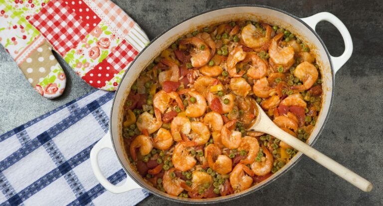 Jambalaya in a white oval casserole