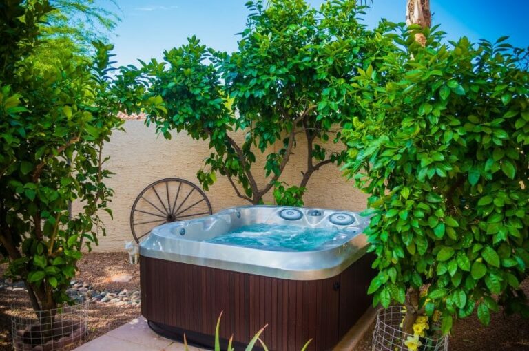 Outdoor hot tub set up surrounded by trees