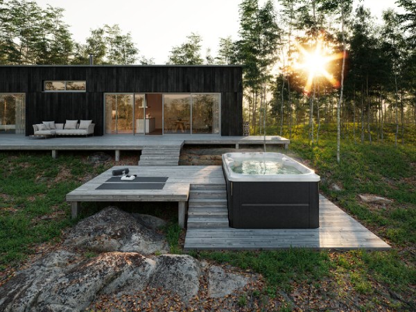 swim spa service - jacuzzi swim spa with sun setting and house in background