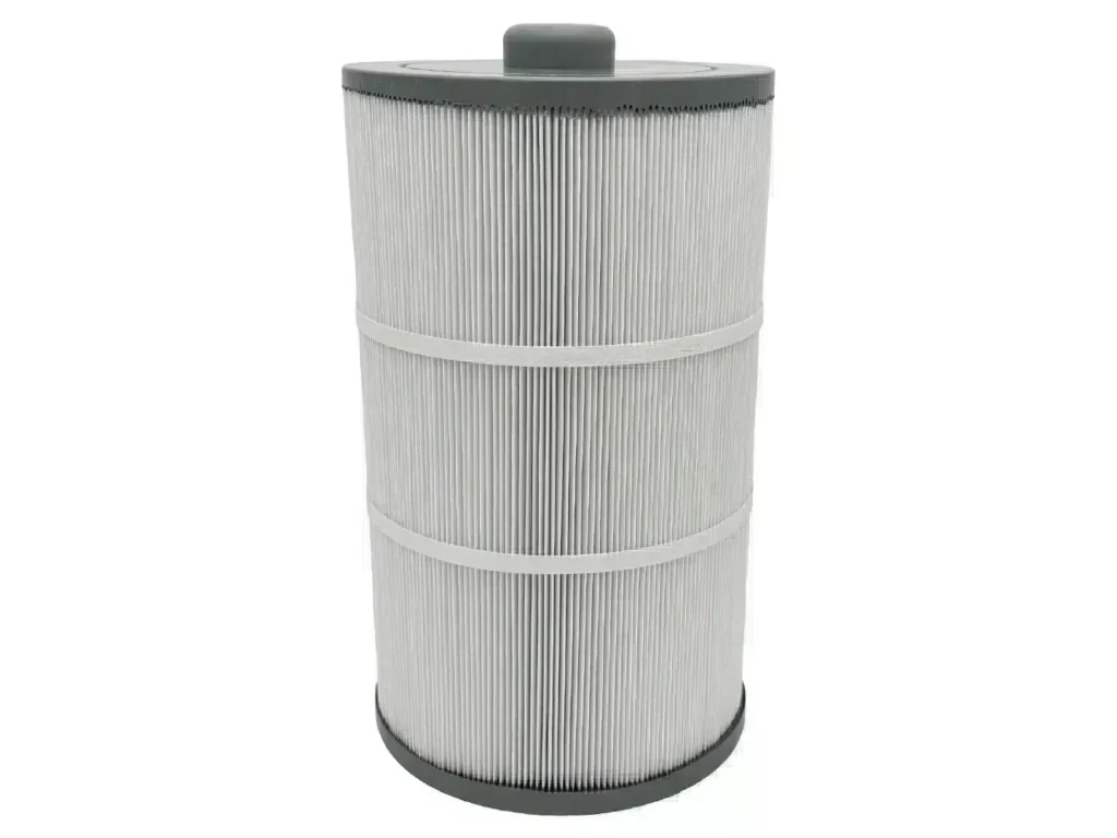 Cylindrical pleated air filter cartridge with gray end caps and two securing bands, standing upright.