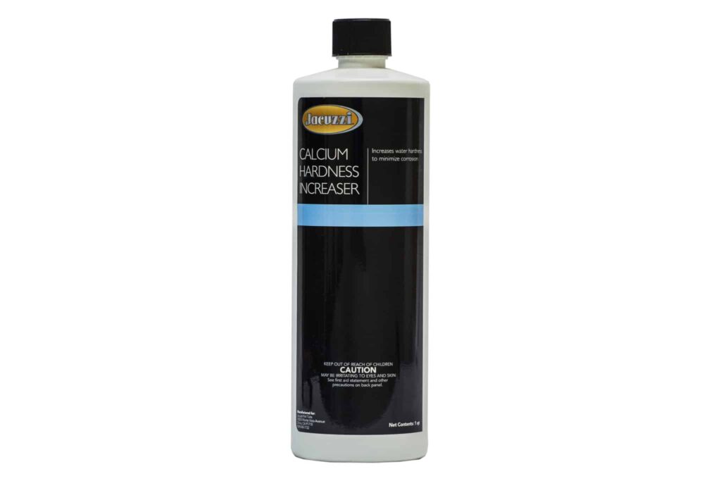Jacuzzi Calcium Hardness Increaser bottle with black label and blue band under bright product photo lighting.