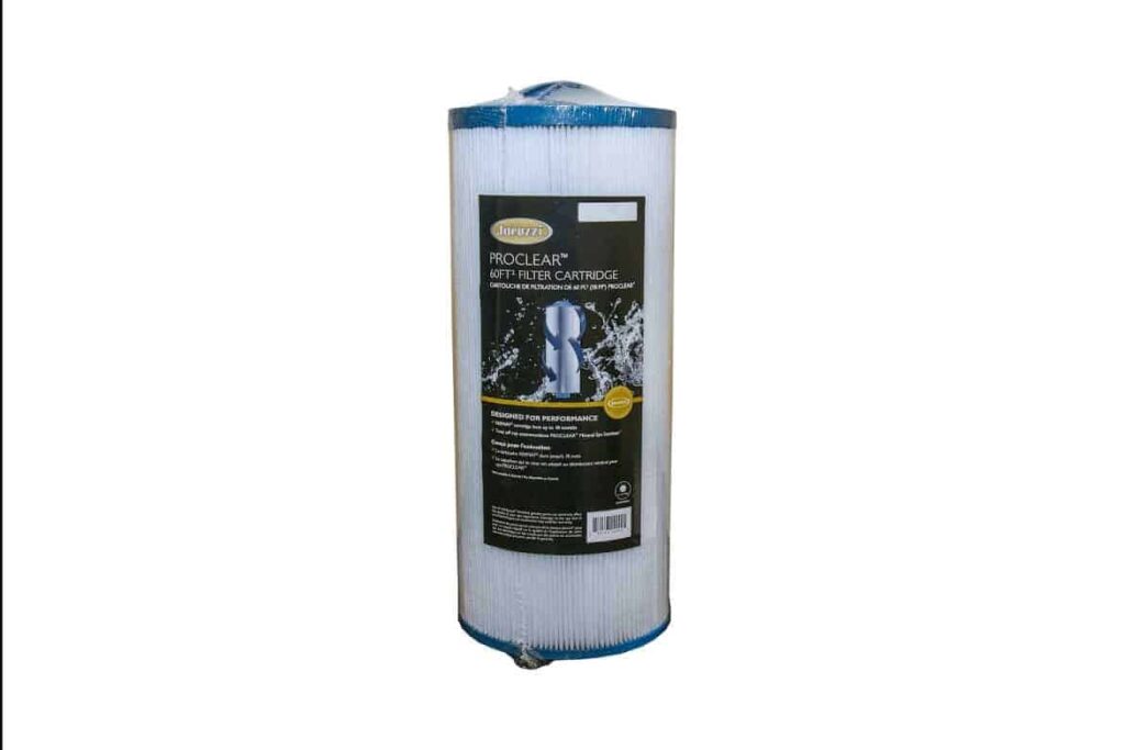 Cylindrical pool filter cartridge with pleated white media and blue ends, labeled Proclear filter cartridge for pool filtration.