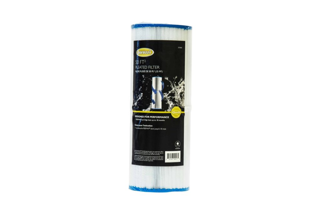 Pool filter cartridge labeled Jacuzzi, pleated 50 ft², designed for spa/pool use (water splash image)