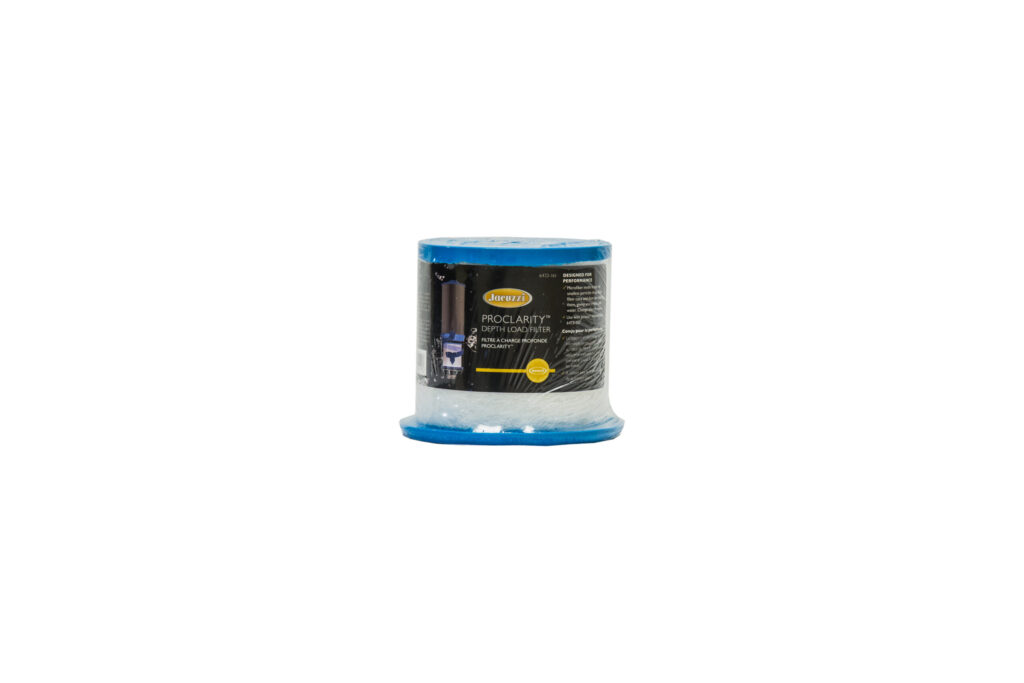 Jacuzzi ProClarity depth-load water filter cartridge with blue top and bottom caps, upright