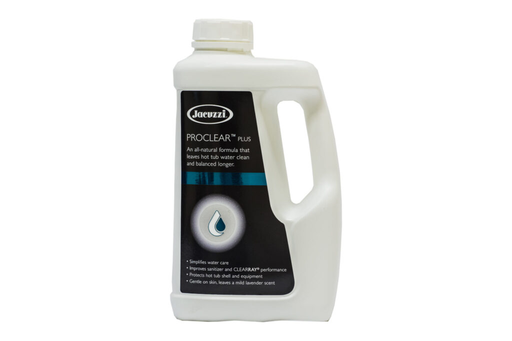 Jacuzzi ProClear Plus hot tub water treatment bottle with a built‑in handle and black label on white plastic container