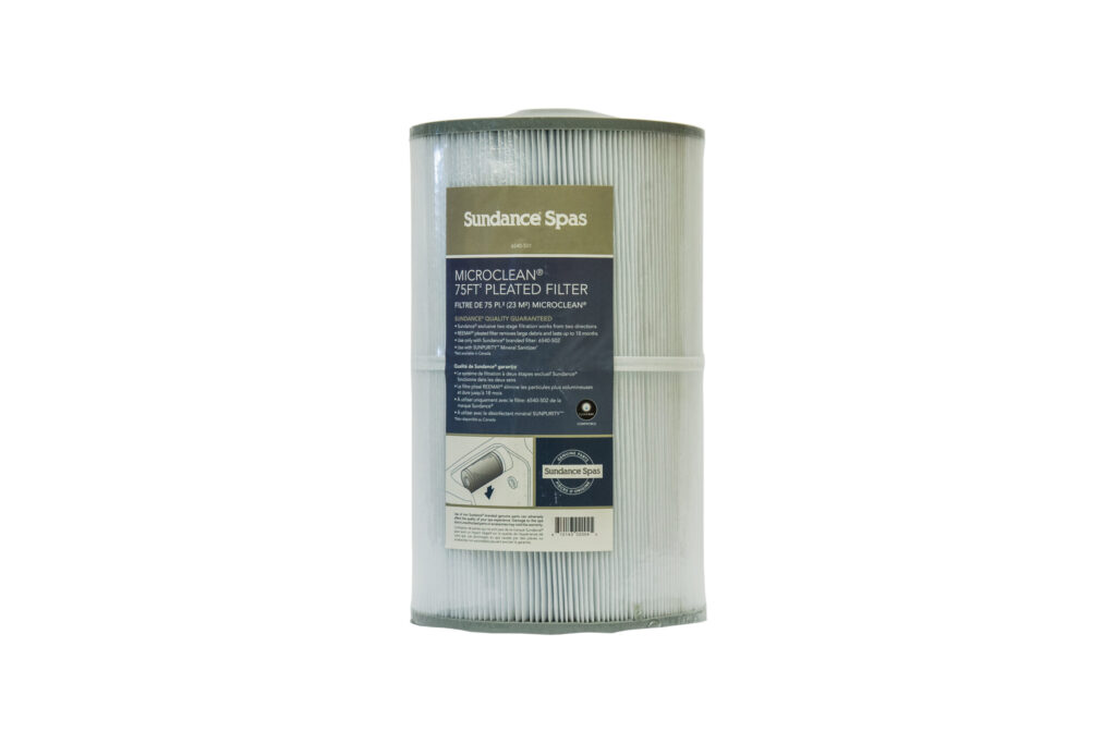 Cylindrical pleated pool filter with Sundance Spas MicroClean label on the front.