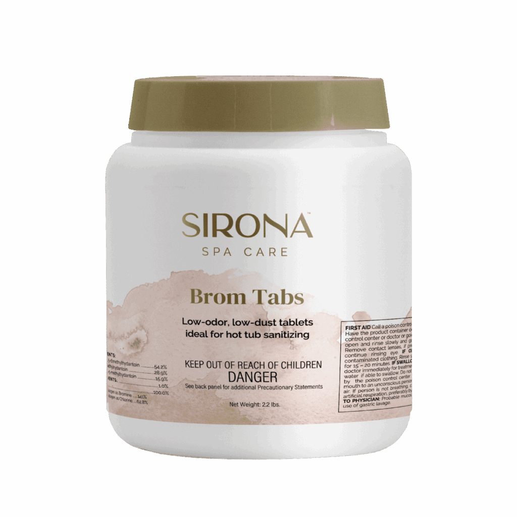 Sirona Spa Care Brom Tabs container for hot tub sanitizing, white bottle with tan cap and label text visible