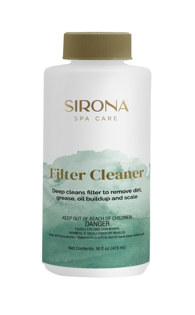 Sirona Spa Care Filter Cleaner bottle with teal watercolor label and gold cap.