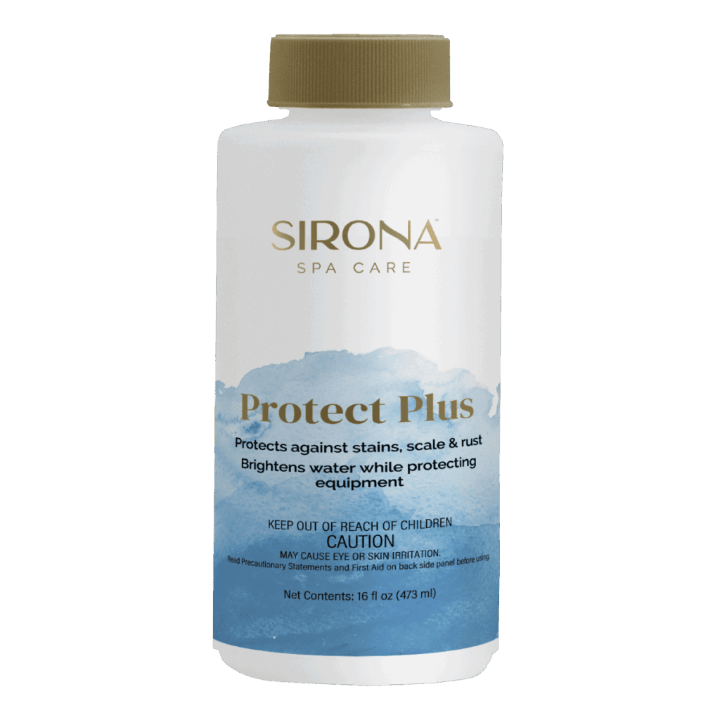 White plastic bottle with a tan cap, labeled 'Sirona Spa Care Protect Plus' and a blue cloud-like graphic, a household cleaner for protection against stains, scale, and rust.