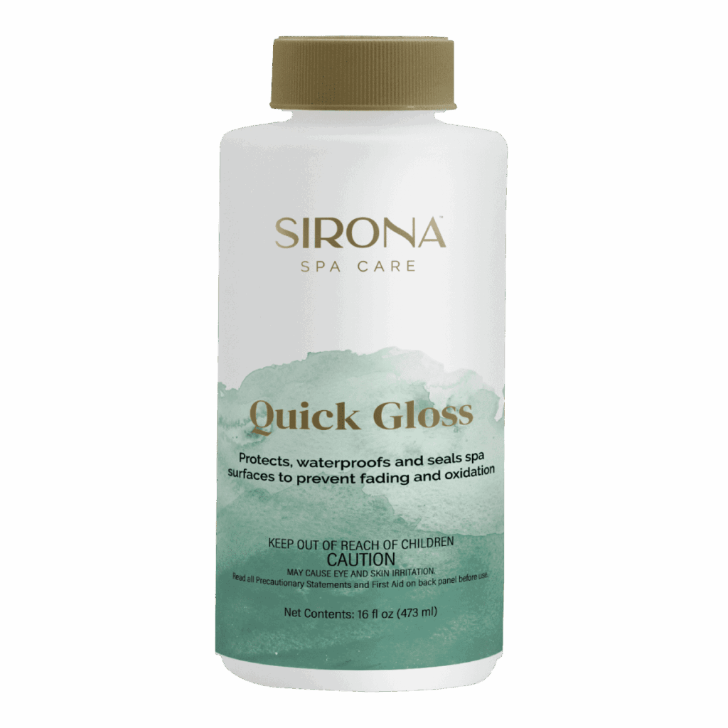 Bottle of Sirona Spa Care Quick Gloss with teal gradient label and gold cap, a protective gloss for spa surfaces of the tub or deck.