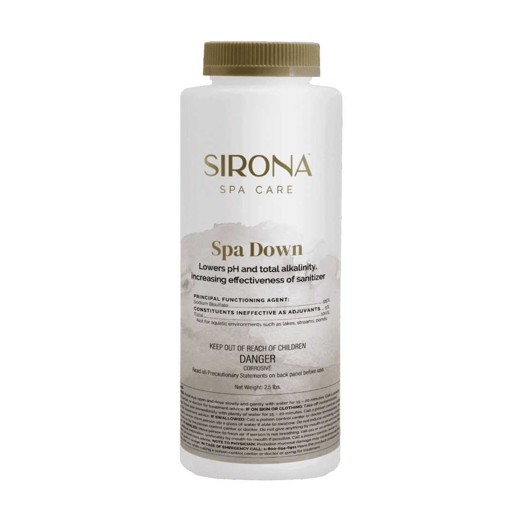 Spa Down bottle labeled Sirona Spa Care with gold cap, white container and beige label text mentioning sanitizing product effects to lower pH and adjust alkalinity (for spa use)