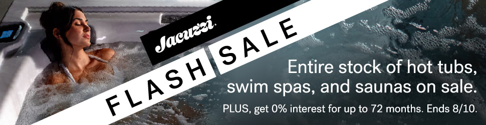 Jacuzzi flash sale banner with a woman in a hot tub; text proclaims the entire stock of hot tubs, swim spas, and saunas on sale.